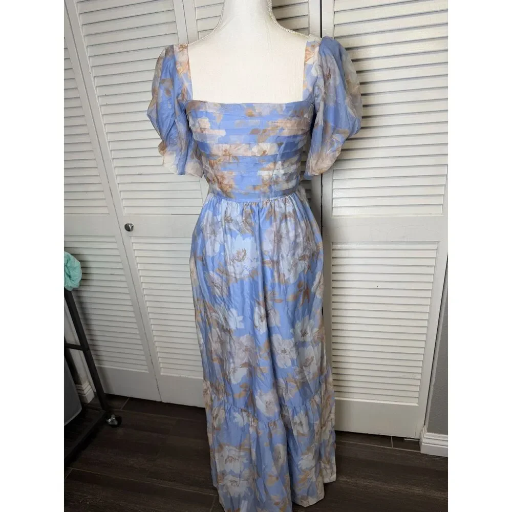 Abercrombie & Fitch Emerson Drama Bow Back Maxi Dress In Blue Floral Size MP